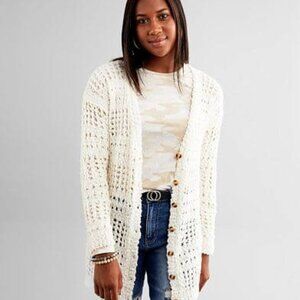 Daytrip Off White Open Weave Nubby Cardigan Sweater Womens Size S Crochet Rustic